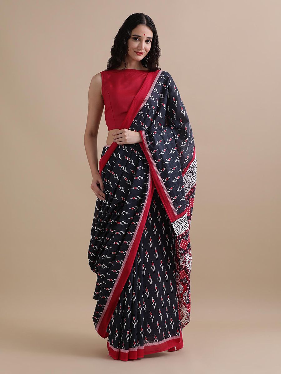 Ikkat Inspired Handprinted Cotton Mulmul Saree