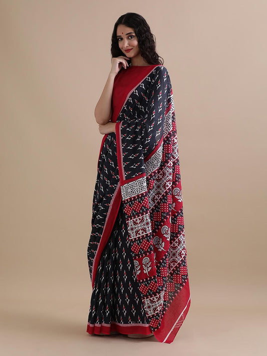 Ikkat Inspired Handprinted Cotton Mulmul Saree