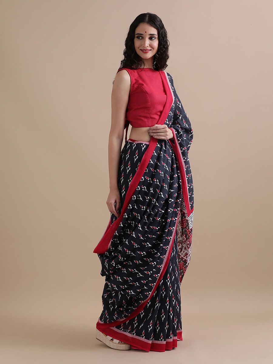 Ikkat Inspired Handprinted Cotton Mulmul Saree