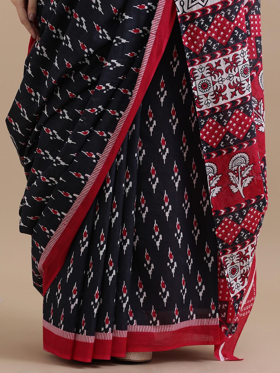 Ikkat Inspired Handprinted Cotton Mulmul Saree