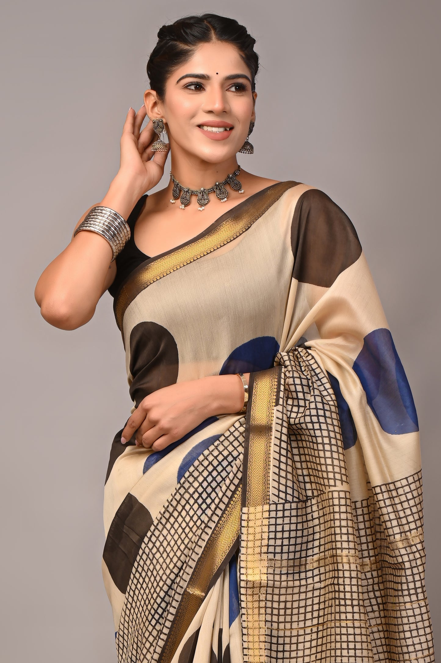 Dopahar Chitr - Handblock Printed Maheshwari Silk Saree
