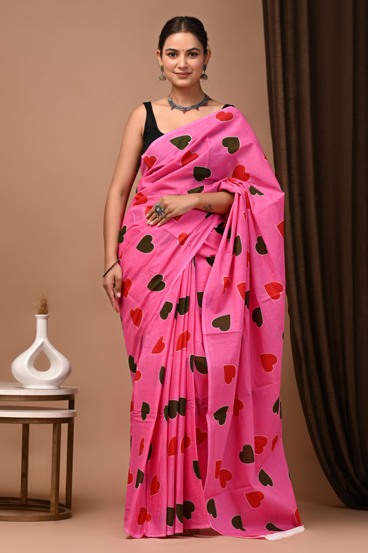 Hearts Printed Cotton Mul Saree