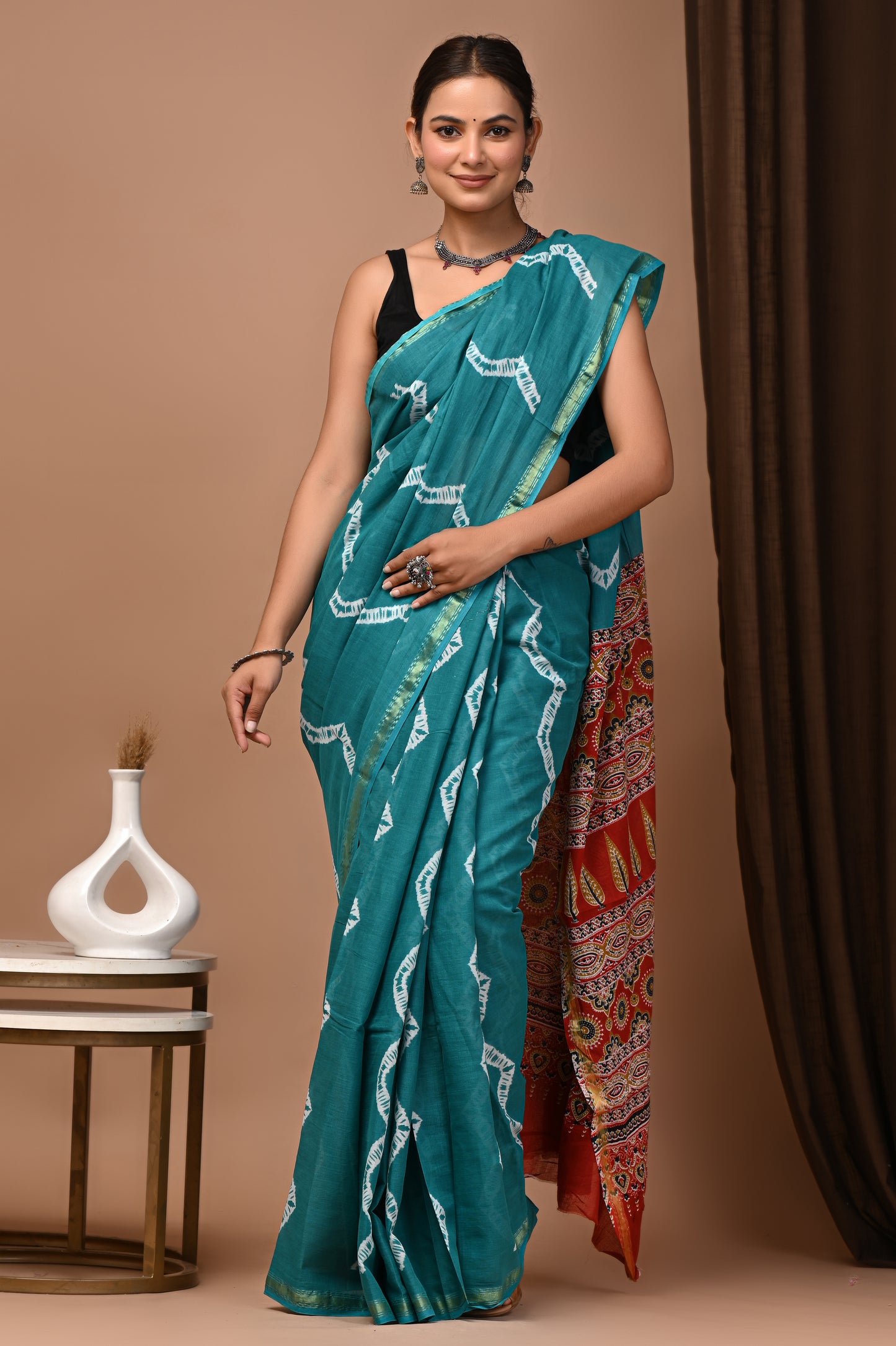 GOLD - Firozi Laharia - Cotton Saree with Zari Borders