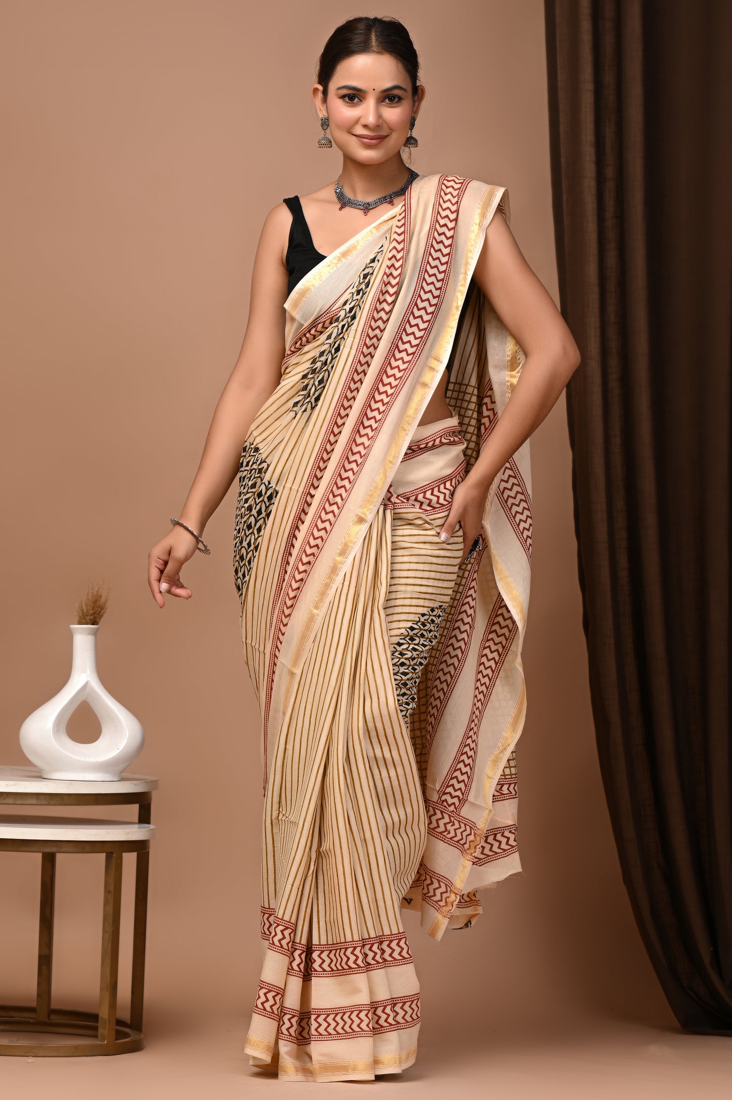 GOLD - Badam Lakeer - Cotton Saree with Zari Borders