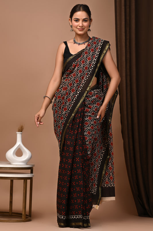 GOLD - Ratri Gulnar Khat - Cotton Saree with Zari Borders