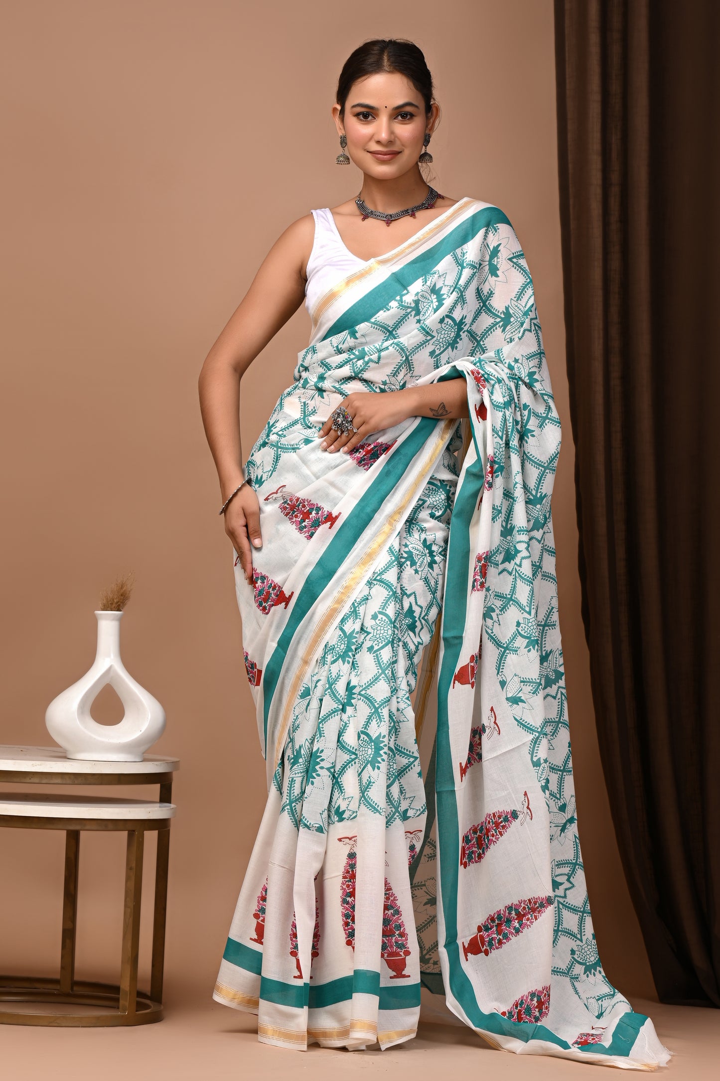 GOLD - Shwet Gopi Buti - Cotton Saree with Zari Borders