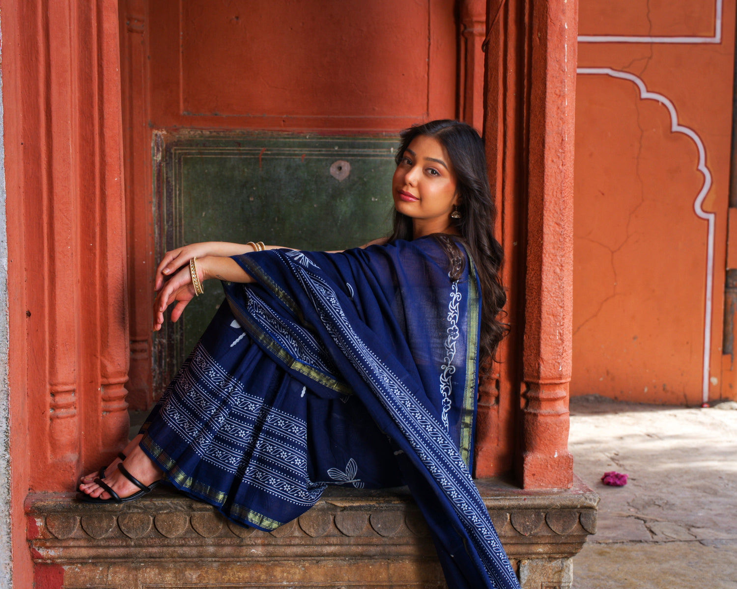 Gold - Cotton Mul Saree with Zari Borders