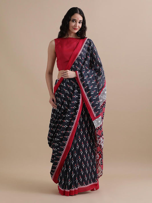 Ikkat Inspired Handprinted Cotton Mulmul Saree