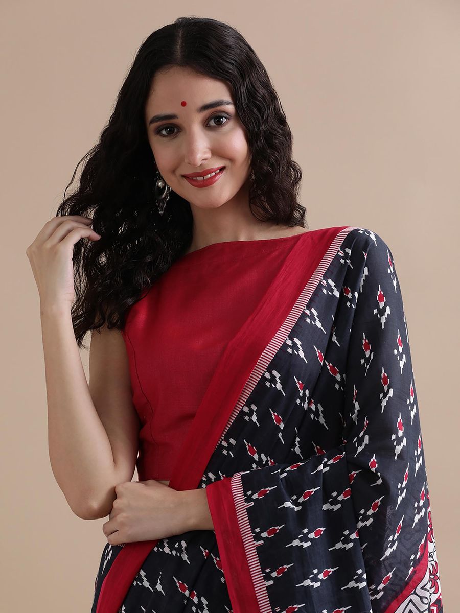 Ikkat Inspired Handprinted Cotton Mulmul Saree