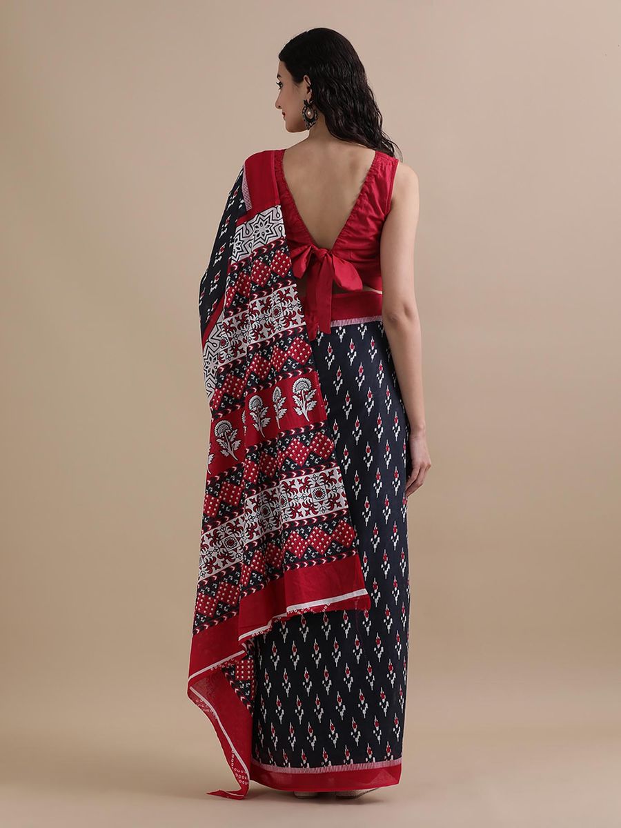 Ikkat Inspired Handprinted Cotton Mulmul Saree