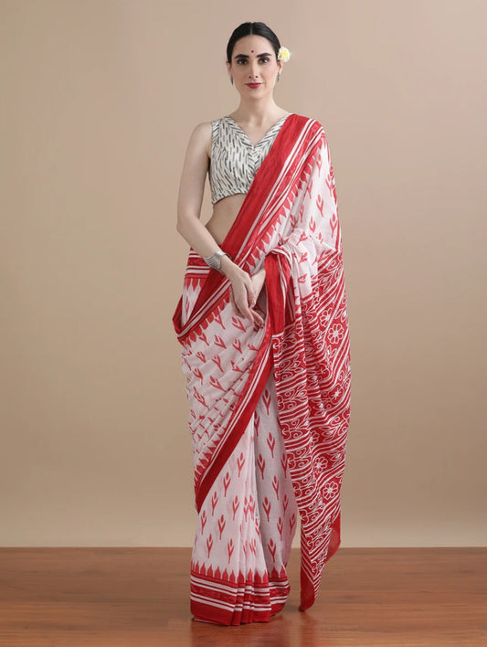 Ikkat Inspired Handprinted Cotton Mulmul Saree