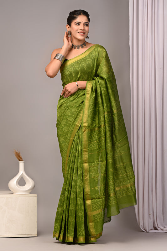 Dopahar Harit - Handblock Printed Maheshwari Silk Saree