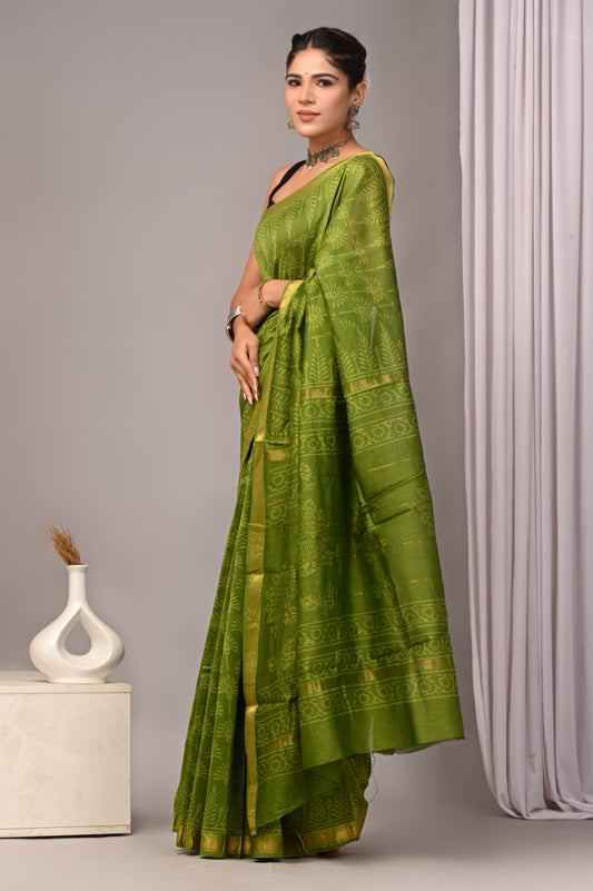 Dopahar Harit - Handblock Printed Maheshwari Silk Saree