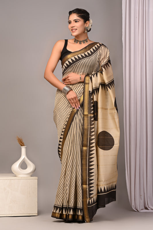 Dopahar Kinar - Handblock Printed Maheshwari Silk Saree