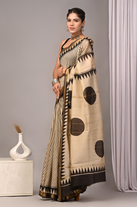 Dopahar Kinar - Handblock Printed Maheshwari Silk Saree