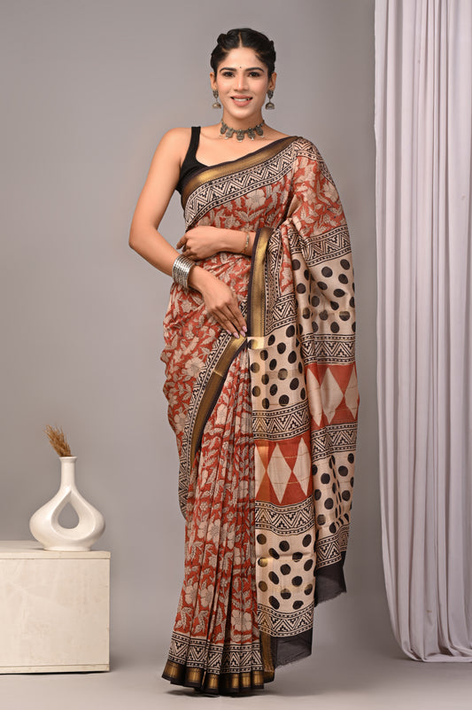 Dopahar Rang Mahal - Handblock Printed Maheshwari Silk Saree