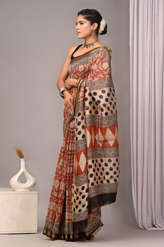Dopahar Rang Mahal - Handblock Printed Maheshwari Silk Saree