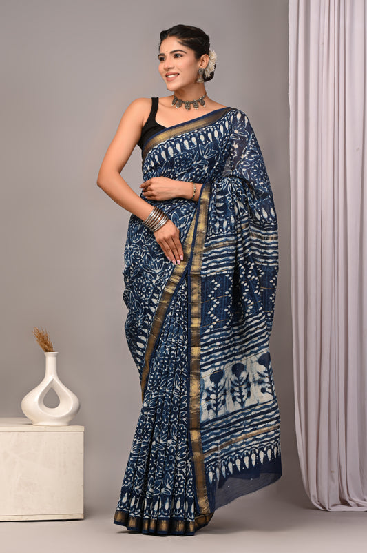 Dopahar Neel - Handblock Printed Maheshwari Silk Saree