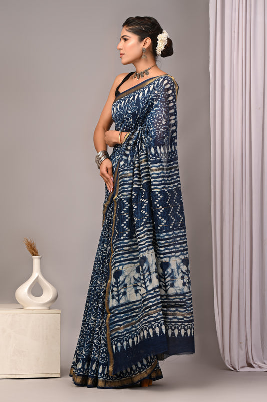 Dopahar Neel - Handblock Printed Maheshwari Silk Saree