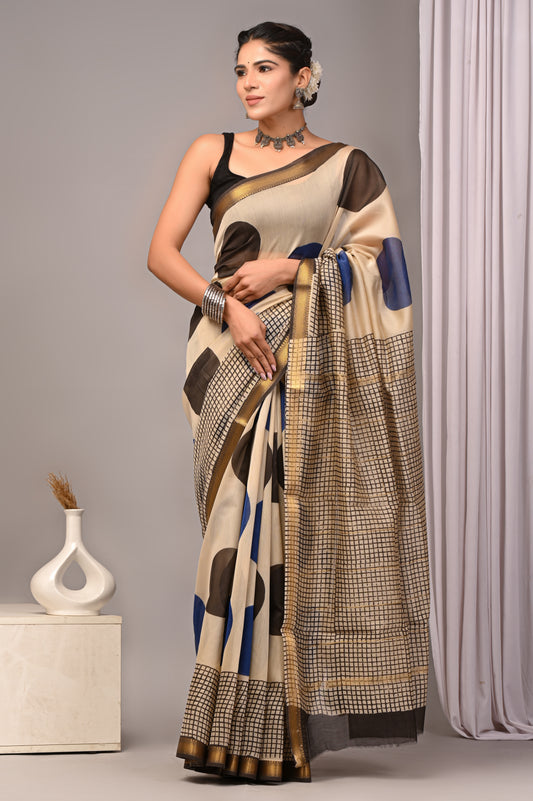 Dopahar Chitr - Handblock Printed Maheshwari Silk Saree