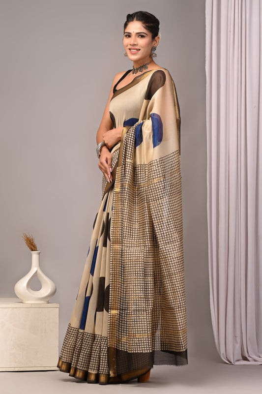 Dopahar Chitr - Handblock Printed Maheshwari Silk Saree