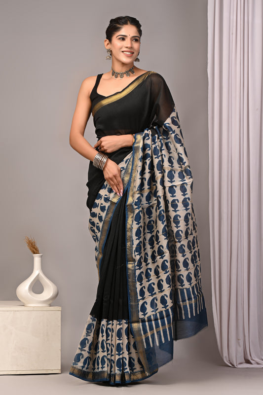 Dopahar Naqsh - Handblock Printed Maheshwari Silk Saree