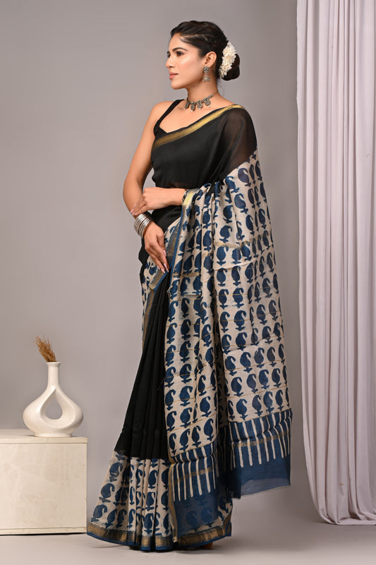 Dopahar Naqsh - Handblock Printed Maheshwari Silk Saree