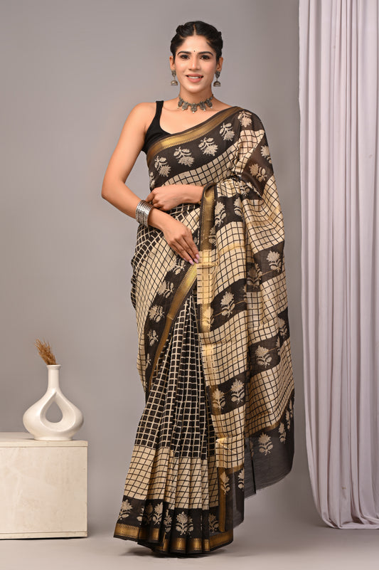 Dopahar Koshur - Handblock Printed Maheshwari Silk Saree