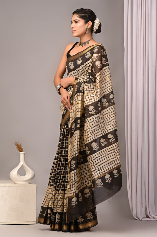 Dopahar Koshur - Handblock Printed Maheshwari Silk Saree