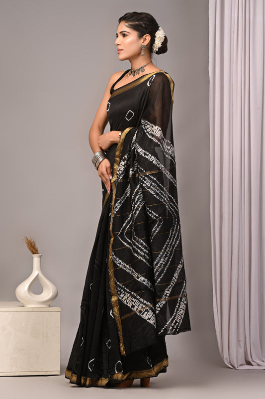 Dopahar Chaav - Handblock Printed Maheshwari Silk Saree