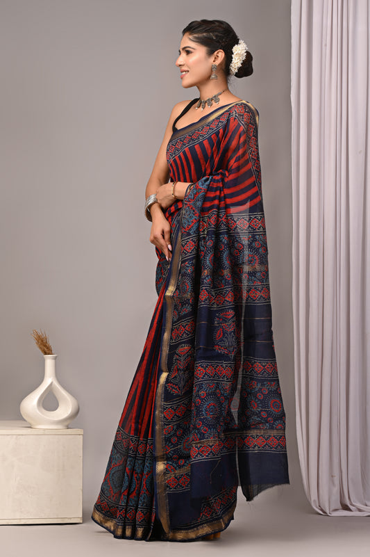 Dopahar Tarang - Handblock Printed Maheshwari Silk Saree