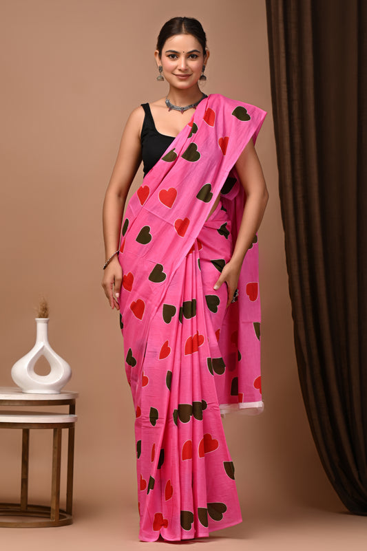 Hearts Printed Cotton Mul Saree