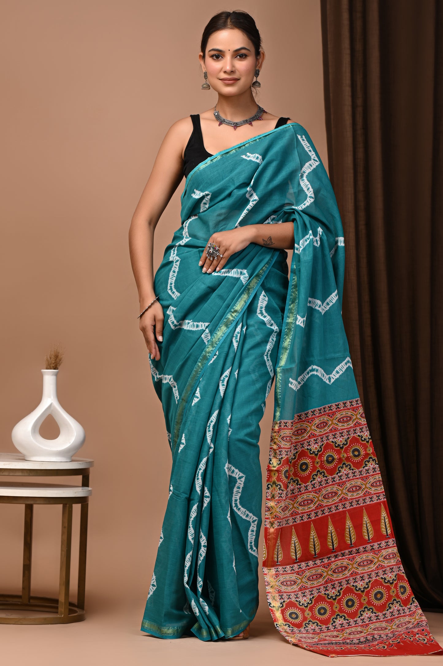 GOLD - Firozi Laharia - Cotton Saree with Zari Borders