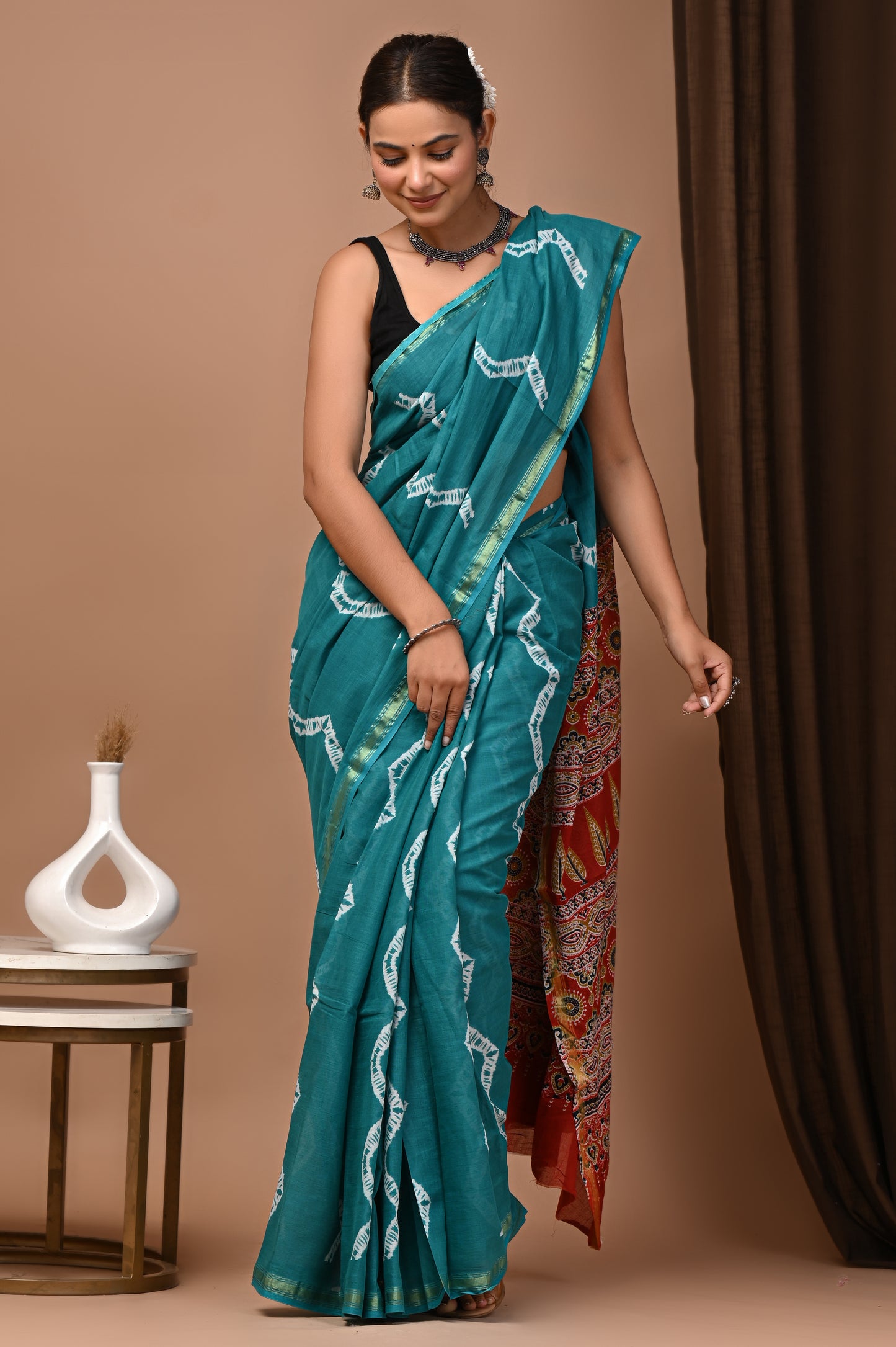 GOLD - Firozi Laharia - Cotton Saree with Zari Borders