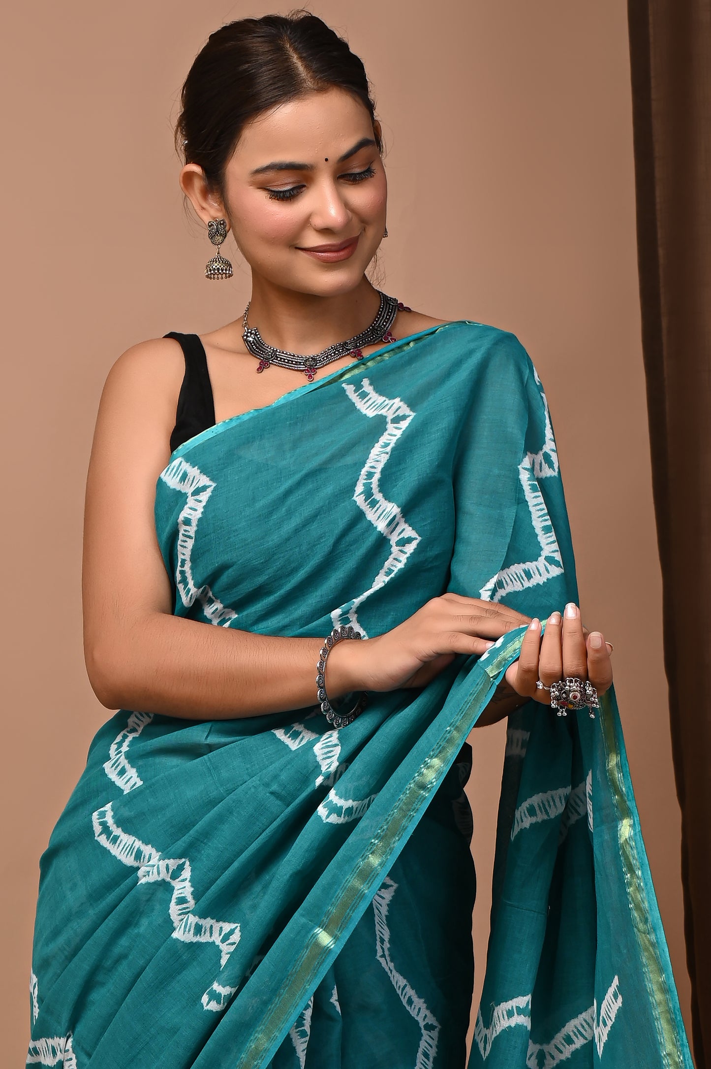 GOLD - Firozi Laharia - Cotton Saree with Zari Borders