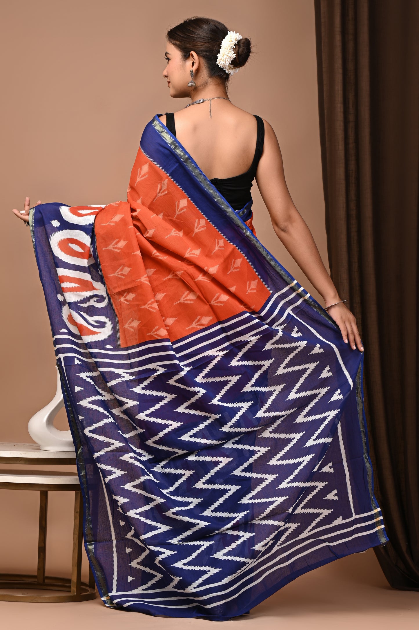 GOLD - Ochre Ikkat Tana - Cotton Saree with Zari Borders