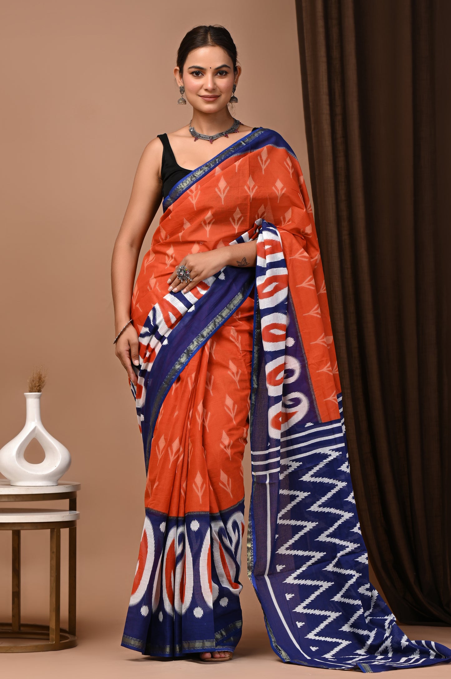 GOLD - Ochre Ikkat Tana - Cotton Saree with Zari Borders