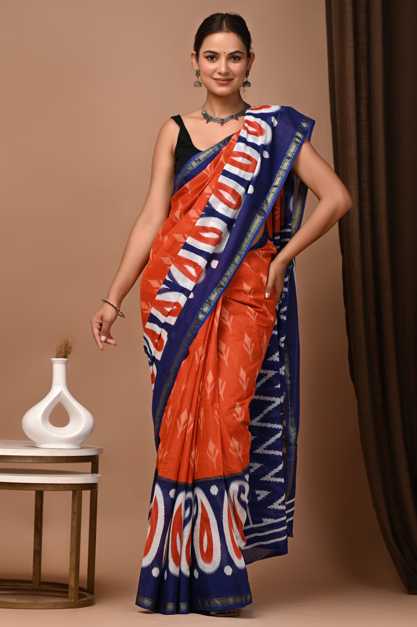 GOLD - Ochre Ikkat Tana - Cotton Saree with Zari Borders