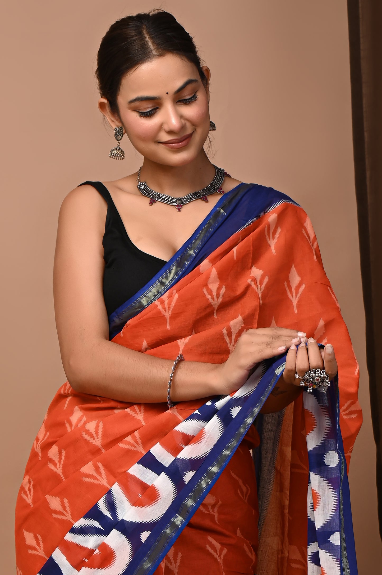 GOLD - Ochre Ikkat Tana - Cotton Saree with Zari Borders