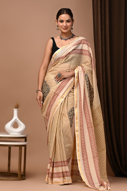 GOLD - Badam Lakeer - Cotton Saree with Zari Borders