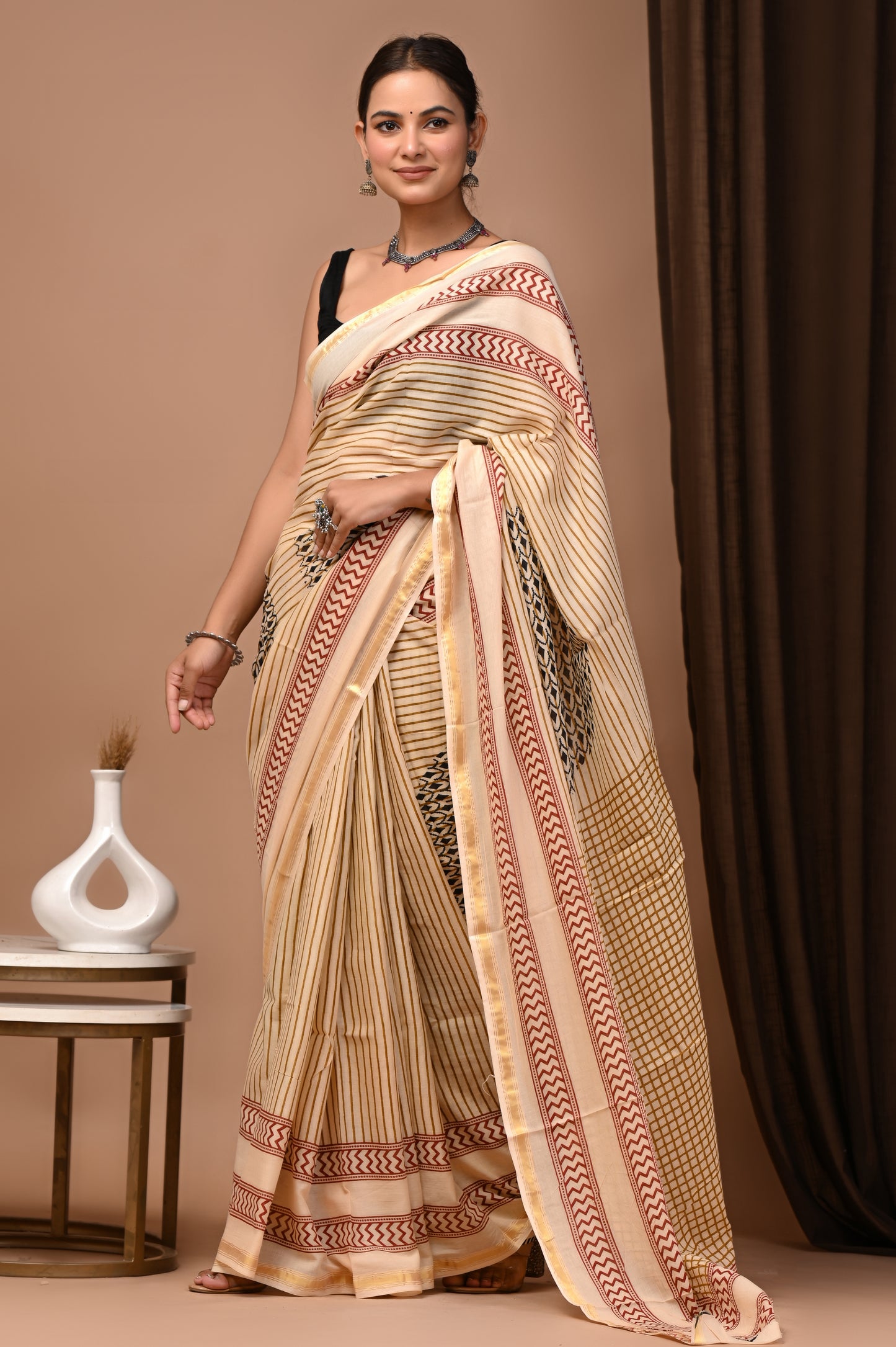 GOLD - Badam Lakeer - Cotton Saree with Zari Borders