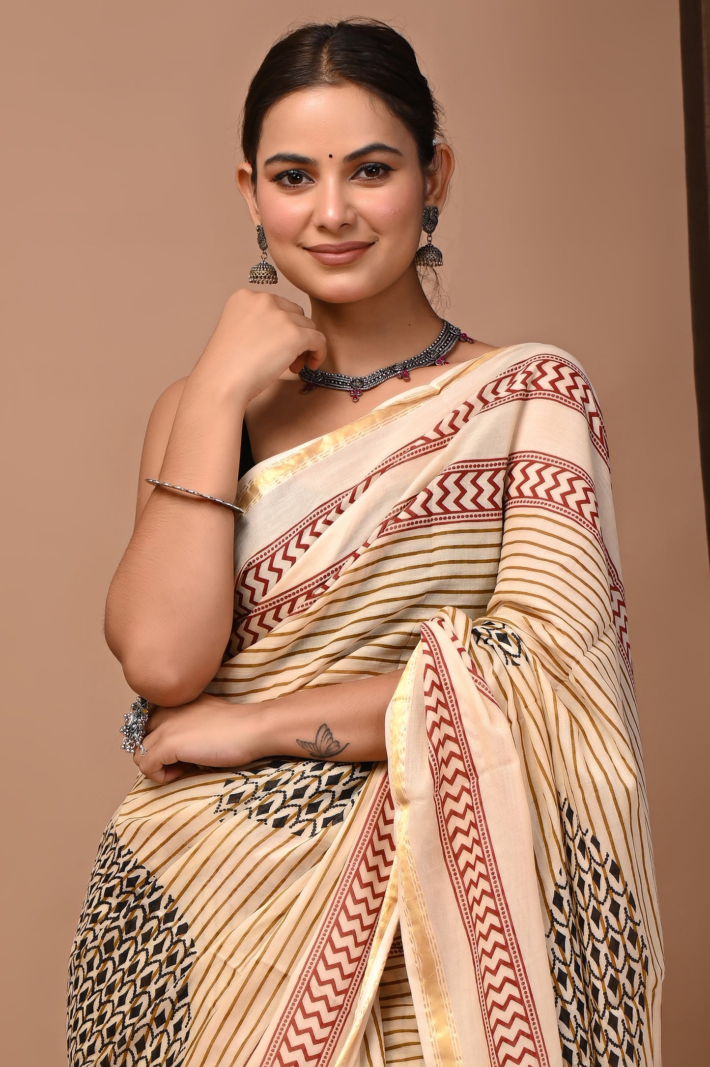 GOLD - Badam Lakeer - Cotton Saree with Zari Borders