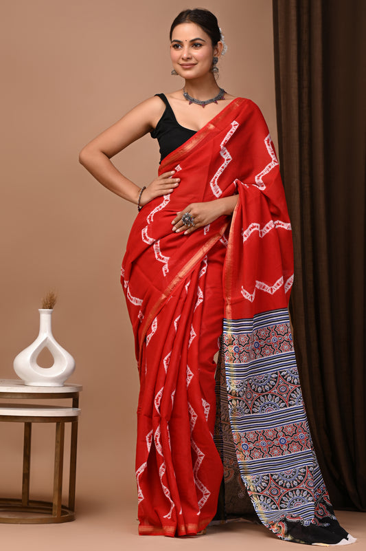 GOLD - Laal Bel Booti - Cotton Saree with Zari Borders