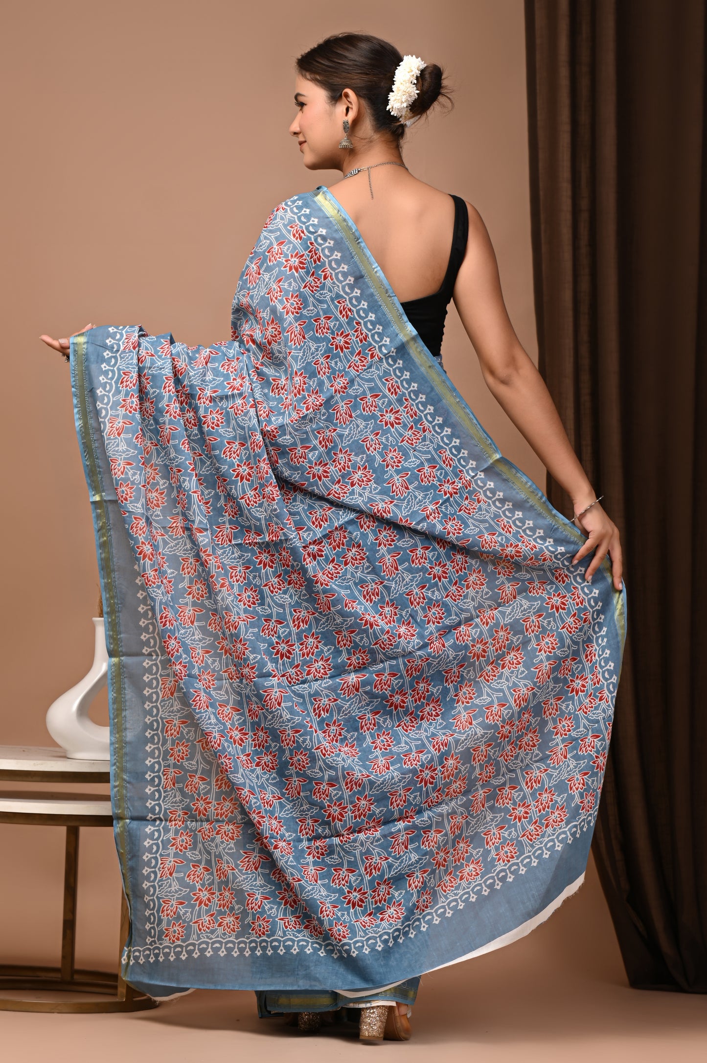 GOLD - Slate Gulnar Bel - Cotton Saree with Zari Borders