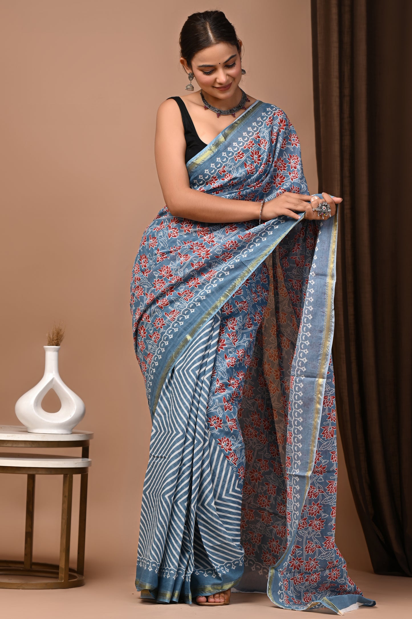 GOLD - Slate Gulnar Bel - Cotton Saree with Zari Borders