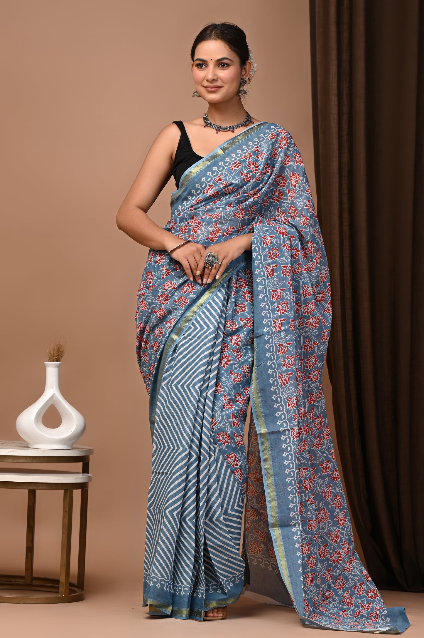 GOLD - Slate Gulnar Bel - Cotton Saree with Zari Borders