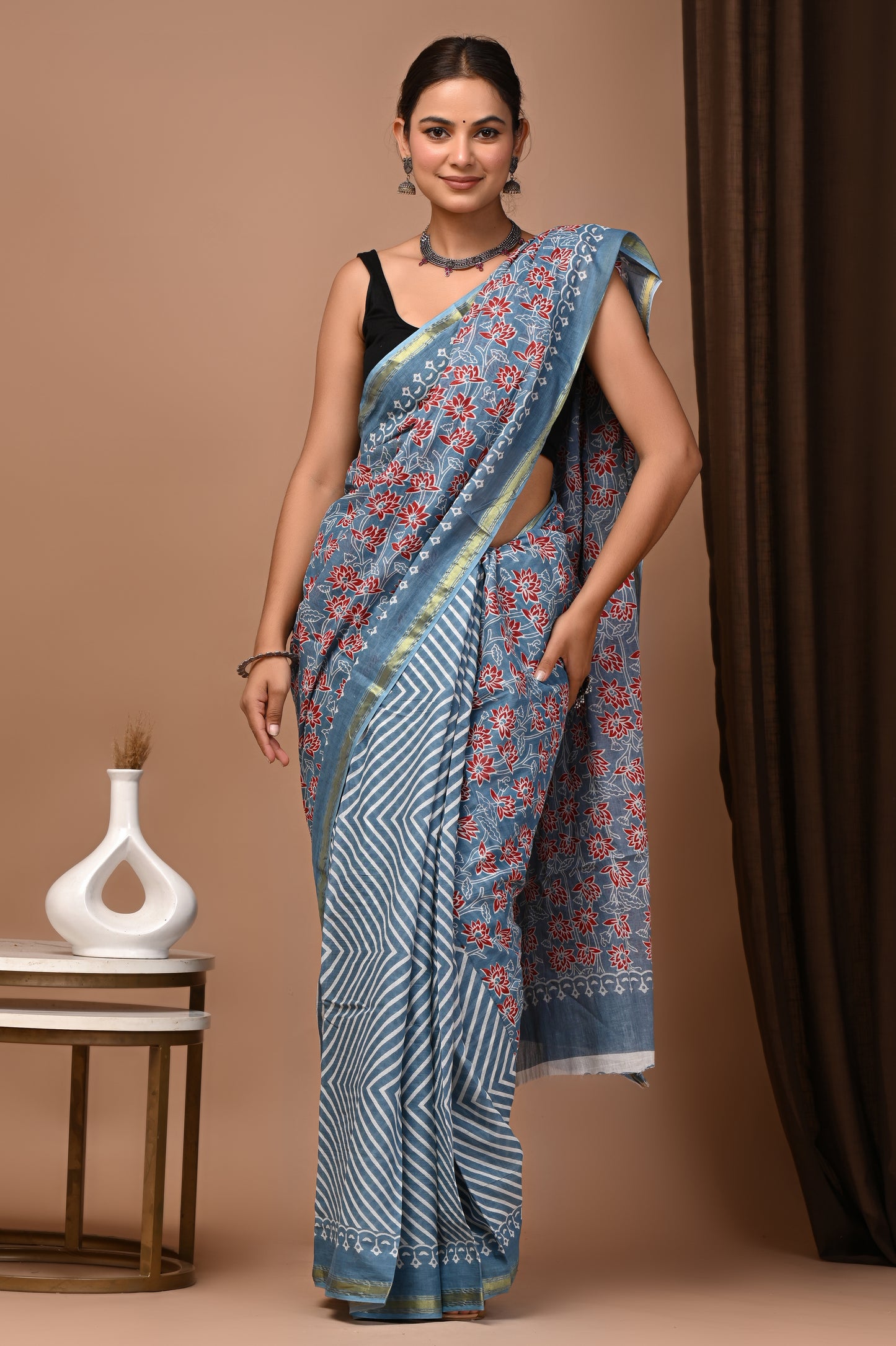 GOLD - Slate Gulnar Bel - Cotton Saree with Zari Borders