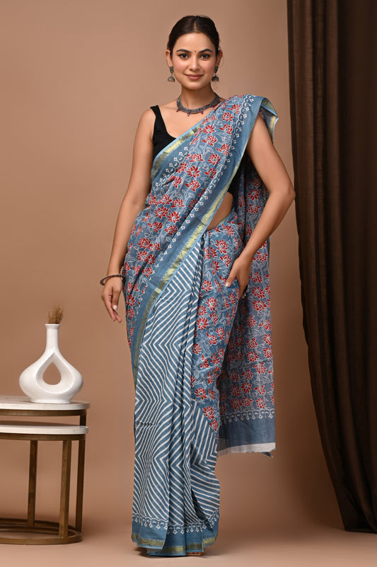 GOLD - Slate Gulnar Bel - Cotton Saree with Zari Borders
