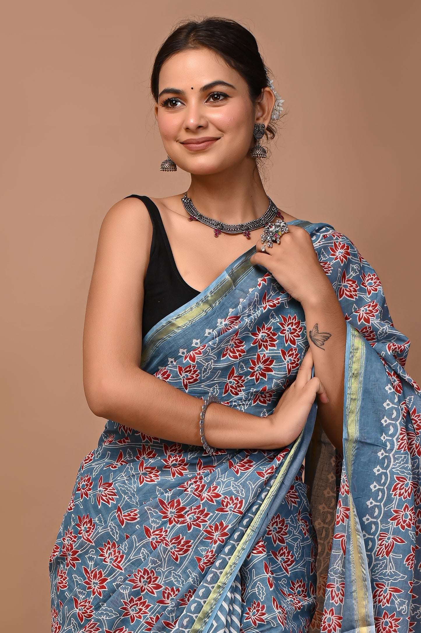 GOLD - Slate Gulnar Bel - Cotton Saree with Zari Borders
