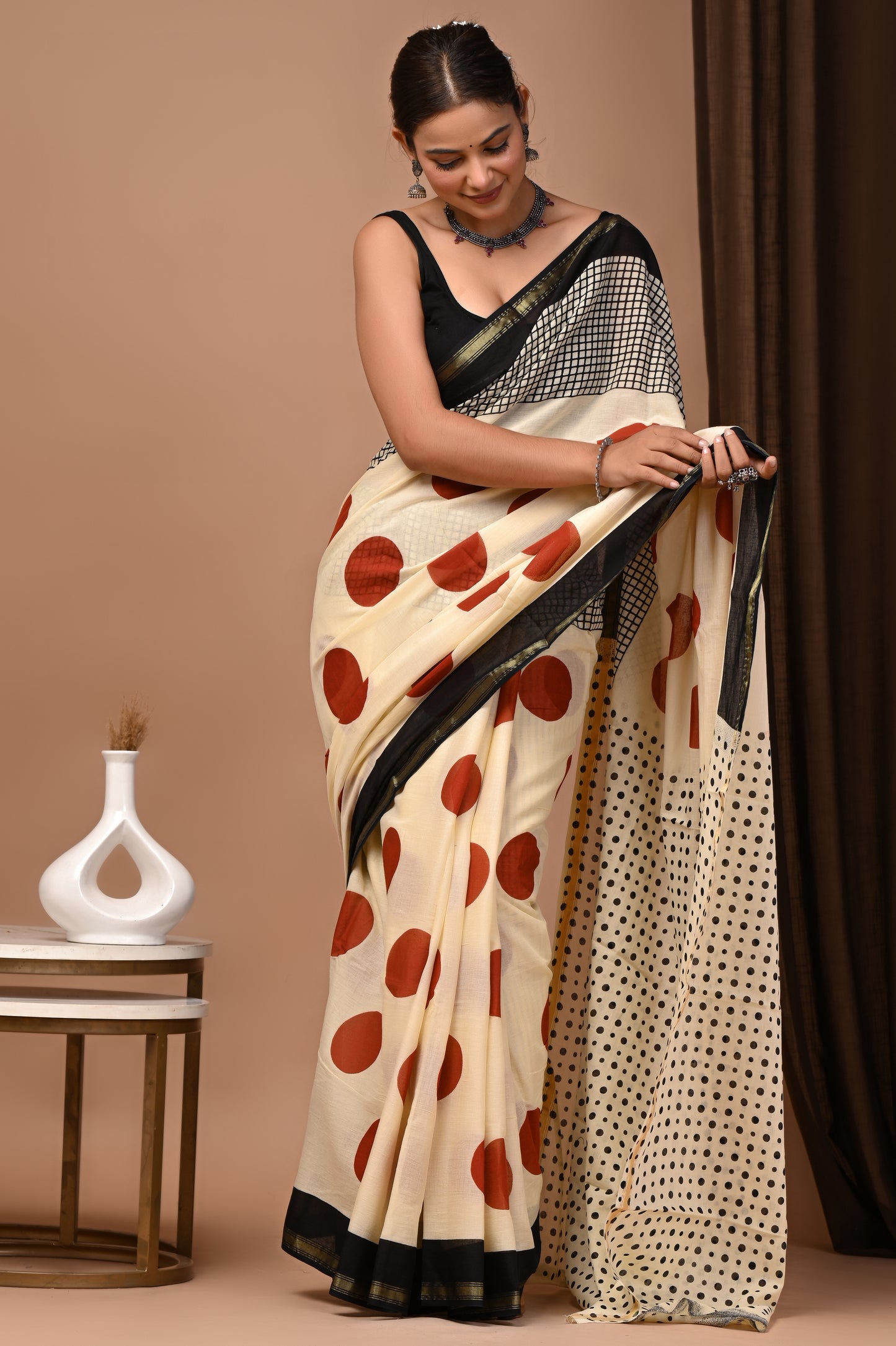 GOLD - Ivory Surkh Bindi - Cotton Saree with Zari Borders